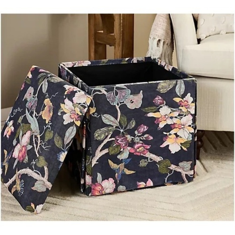 Home Reflections Floral Printed Foldable Square Storage Ottoman Seat Hummingbird - Picture 2 of 5